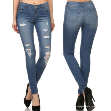 Mulheres cintura alta rasgado Moda jeans Denim Skinny Legging